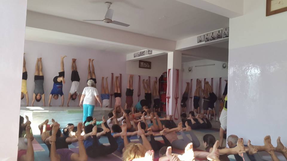 Intensive Iyengar yoga class taught by Usha Devi in Rishikesh India