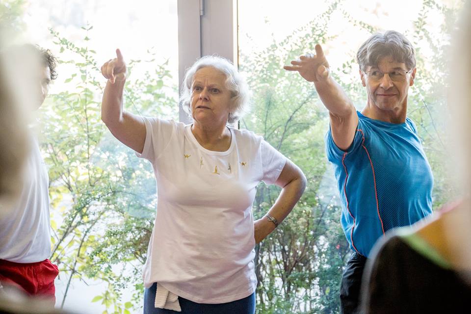 Usha Devi teaching Iyengar yoga class in Rishikesh