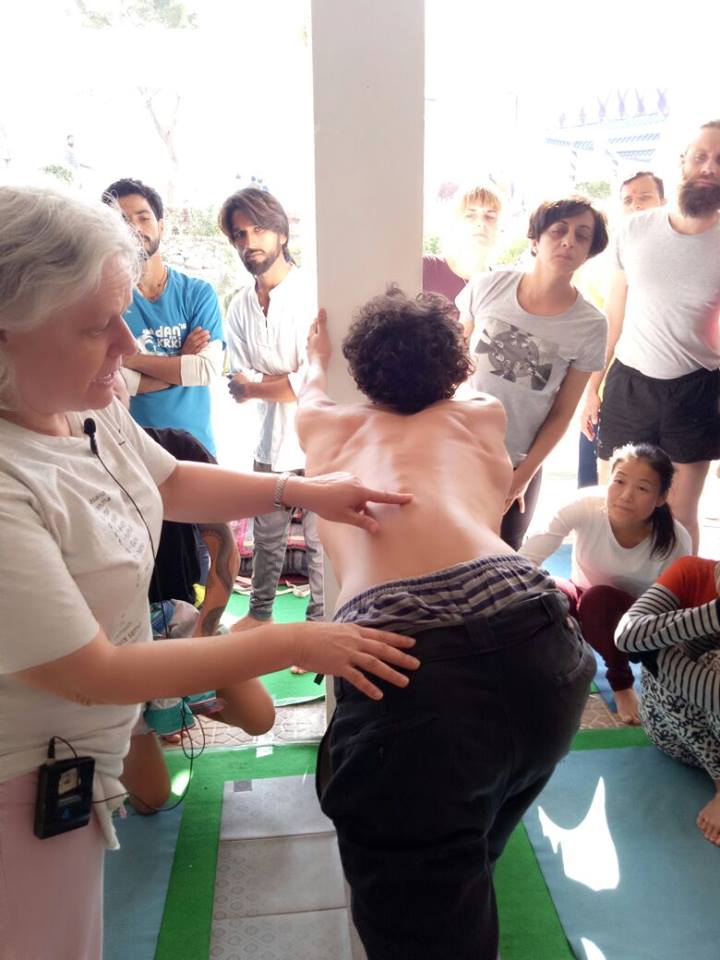 Usha Devi explains alignment in the posture in Iyengar yoga intensive course in Rishikesh INdia